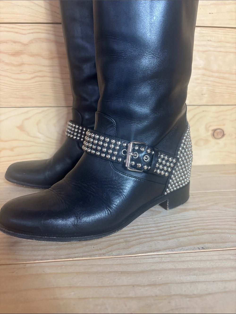 Christian Louboutin black leather studded moto boots 37 1/2 - Picture 4 of 16